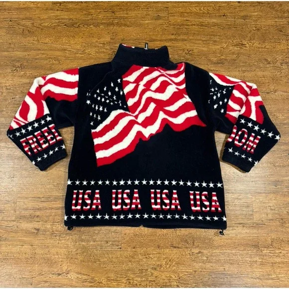 VTG Black Mountain Outdoor USA America Flag Fleece Full Zip Jacket Sweater Men L - Picture 3 of 8